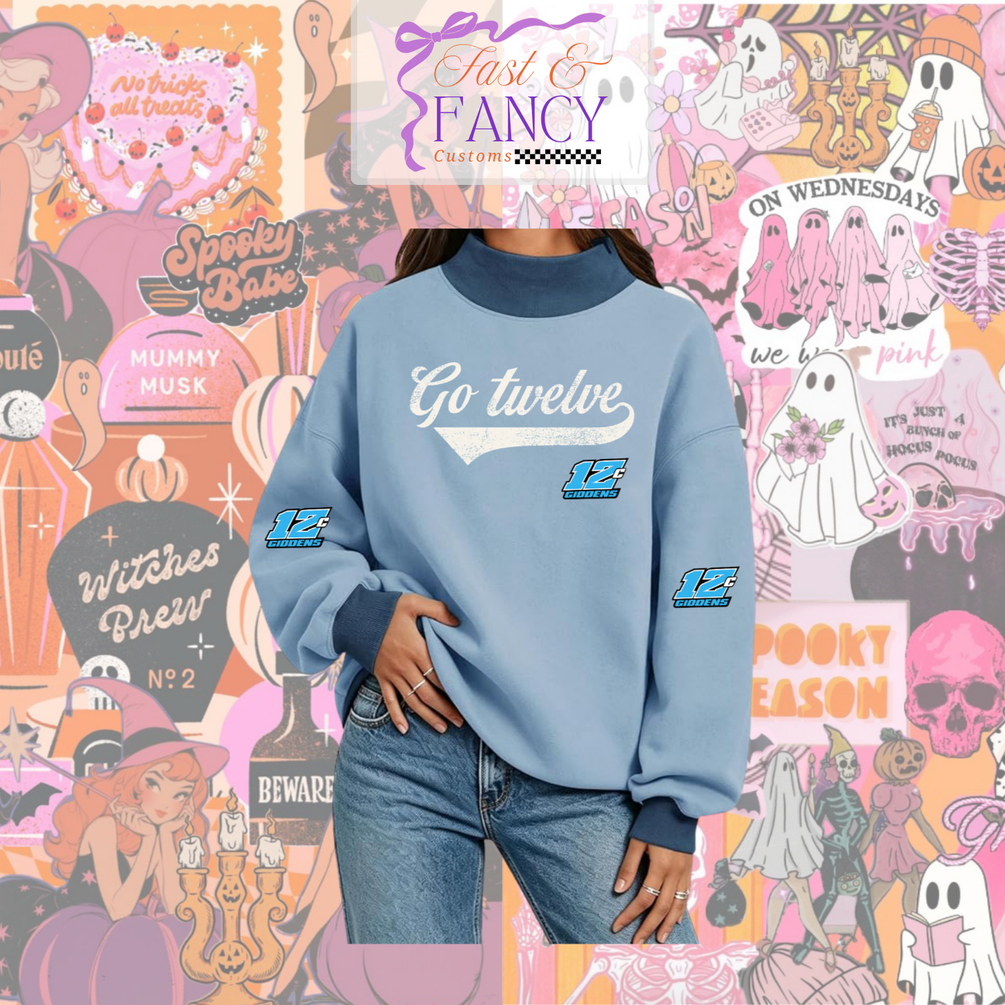 Blue Two Toned Number Sleeve Mockneck