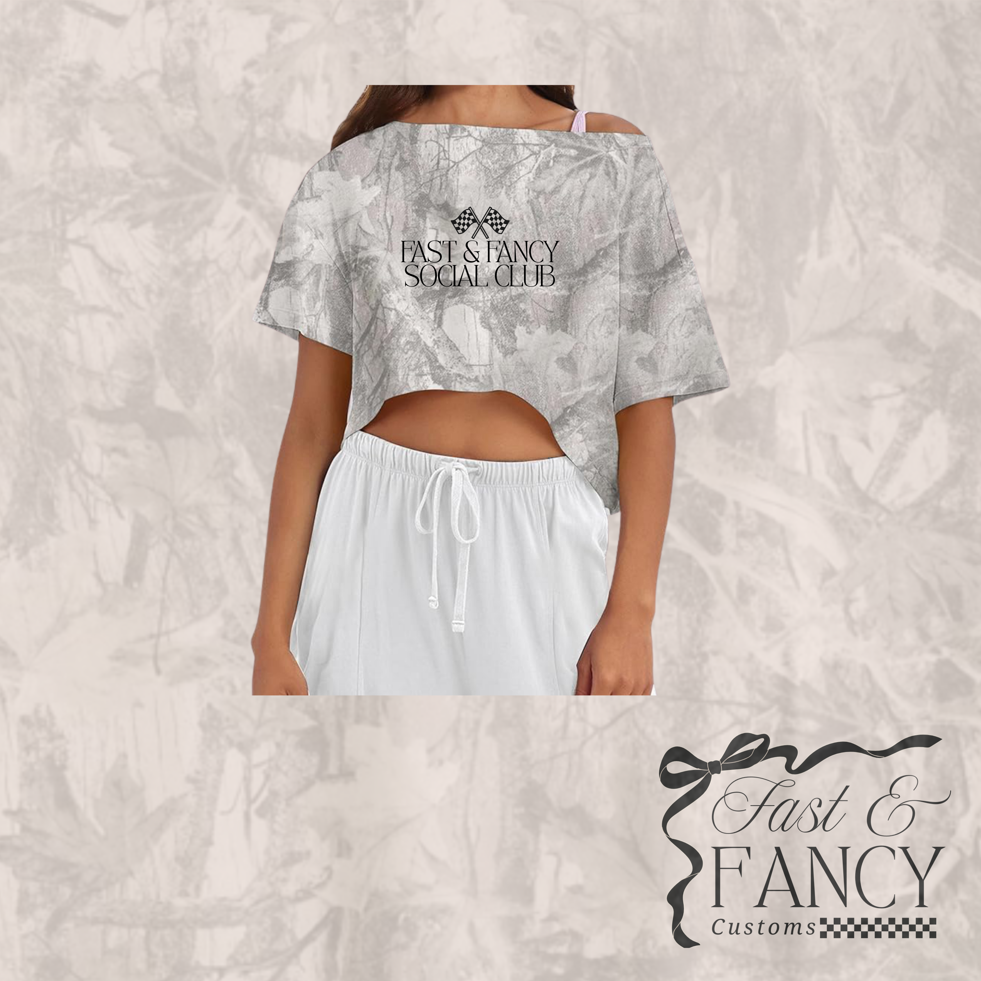 Off the Shoulder Boat Neck Camo Tee