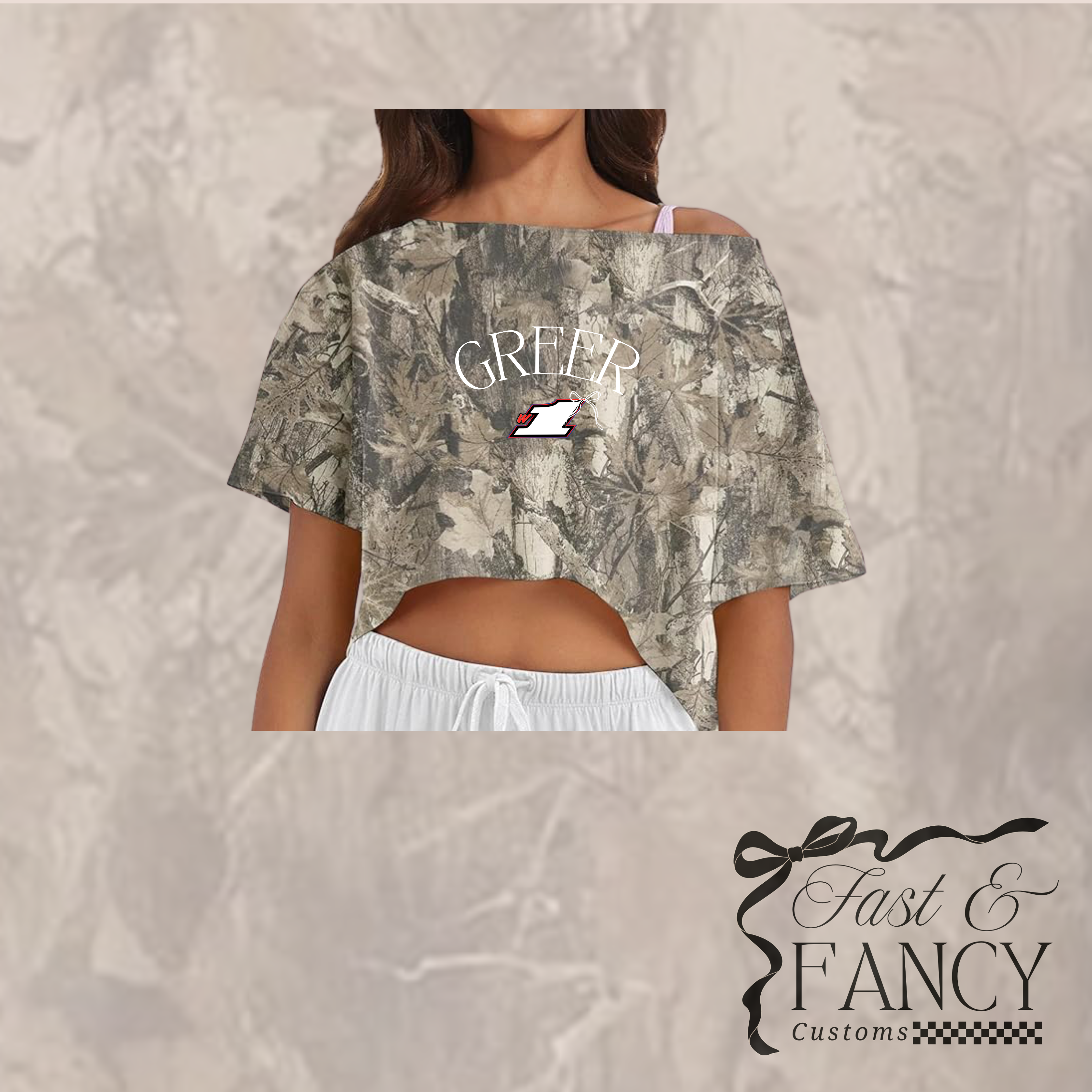 Off the Shoulder Boat Neck Camo Tee