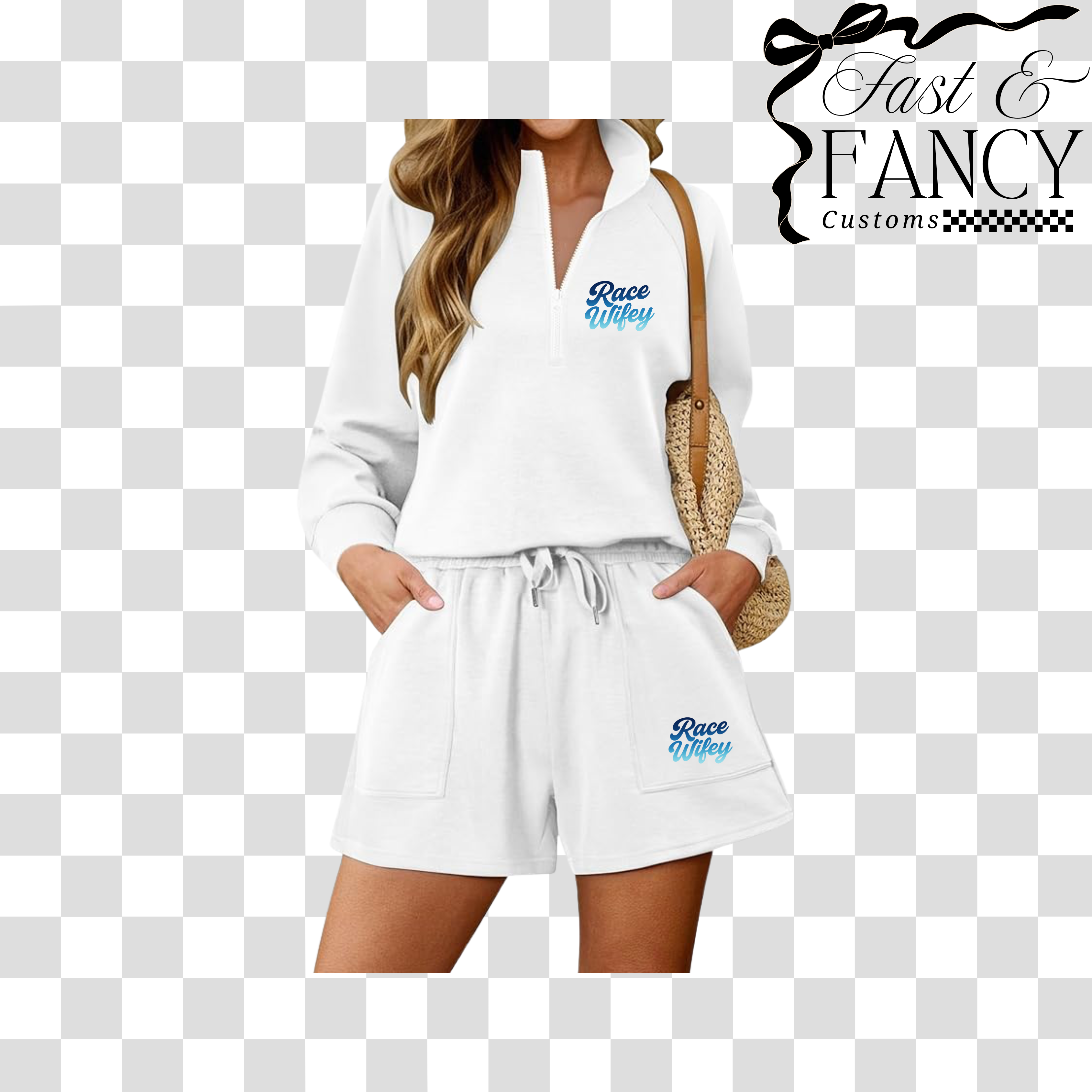 White Quarter Zip Long Sleeve & Shorts Set