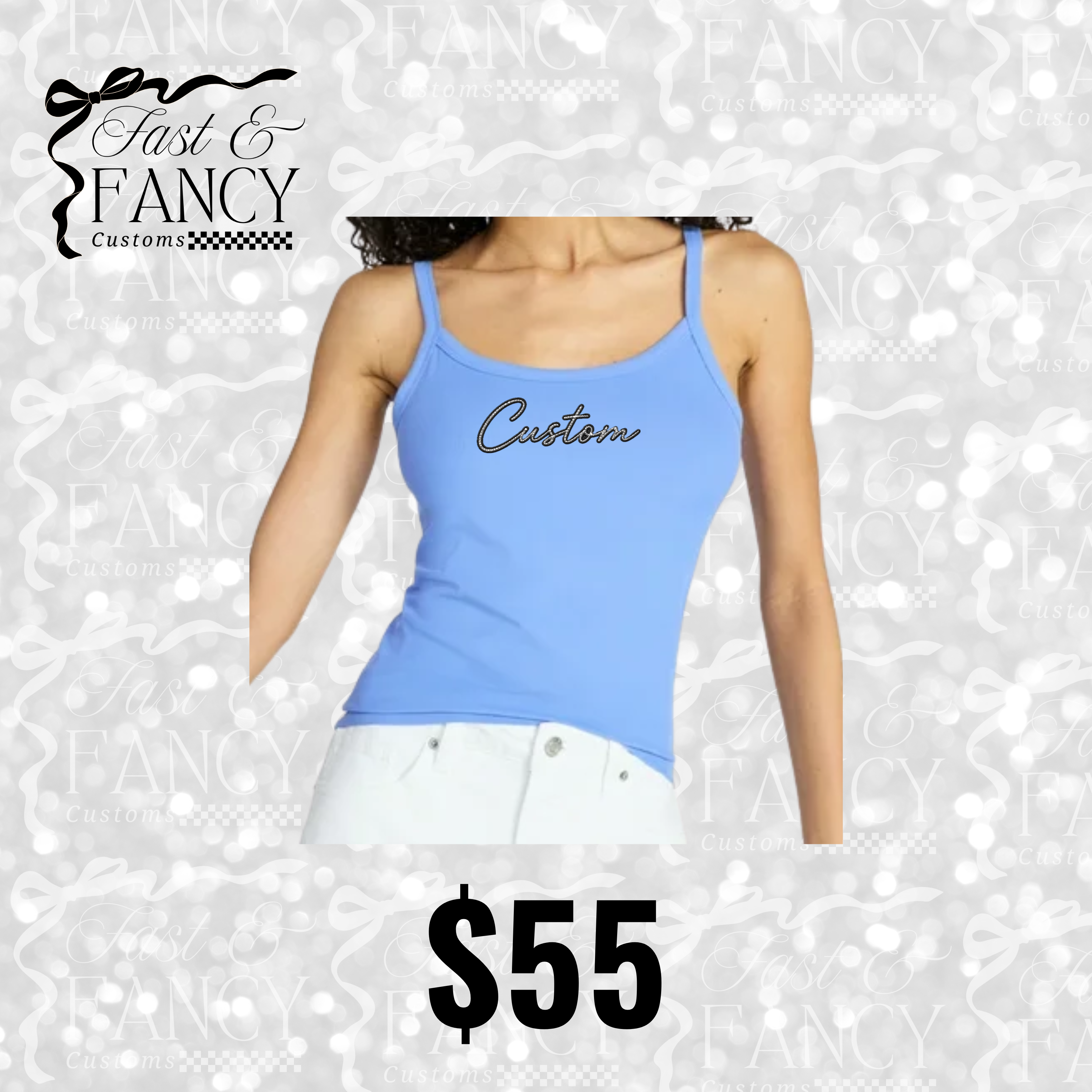 Blue Ribbed Rhinestone Tank