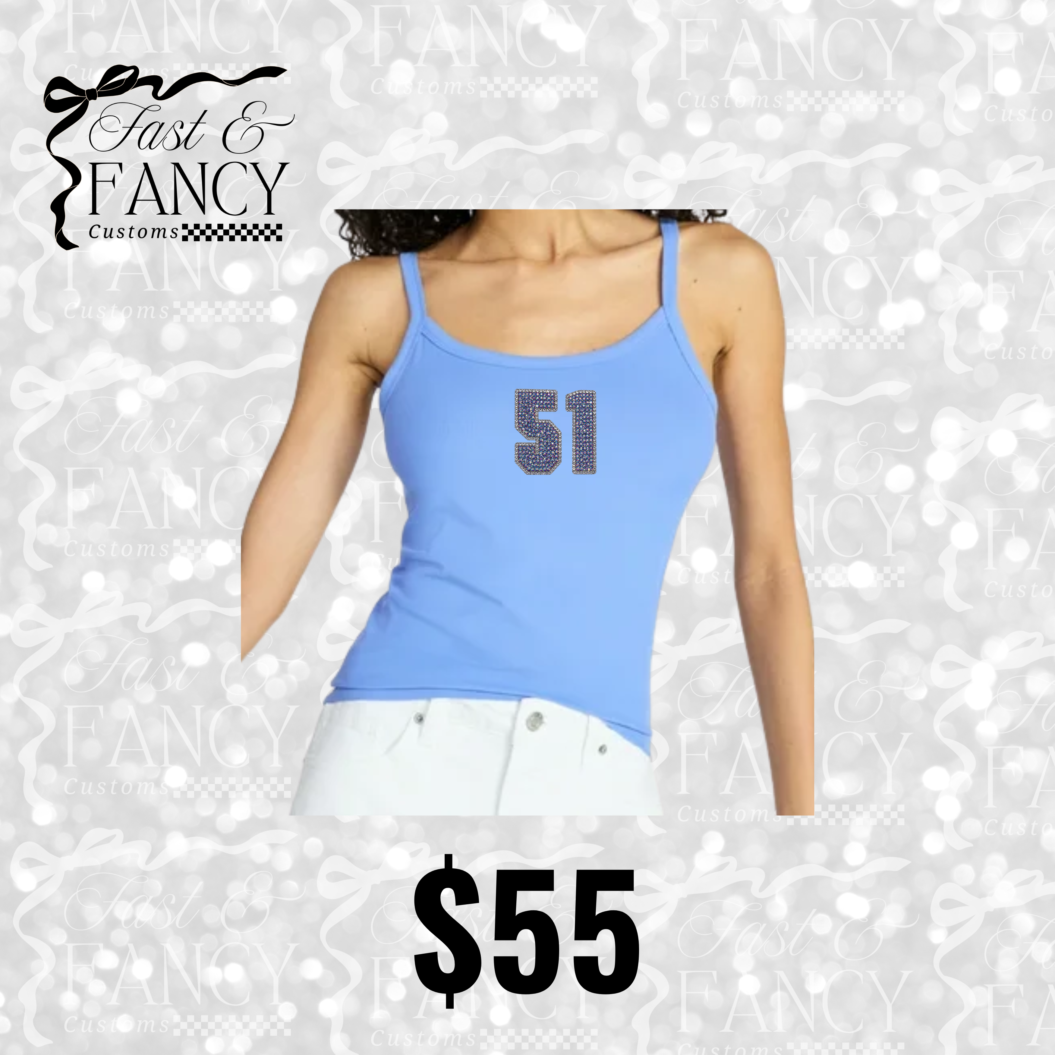 Blue Ribbed Rhinestone Tank